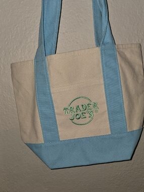 Trader Joe's Canvas Mini Tote Bag in Light Blue and Cream